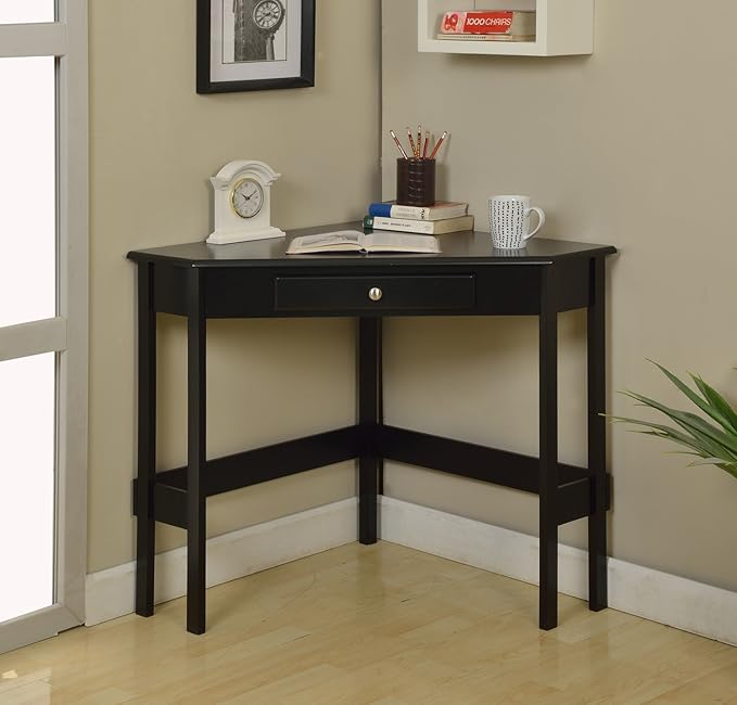 Kings Brand Furniture Wood Corner Desk with Drawer (Black) - LeafyLoom
