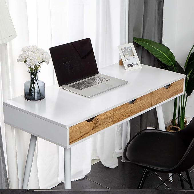 soges Mid Century Desk with Drawers, 3-Drawer Writing Study Desk, 43.3 inches Home Office Computer Desk for Small Space, Multifunctional Vanity Table Desk, White - LeafyLoom
