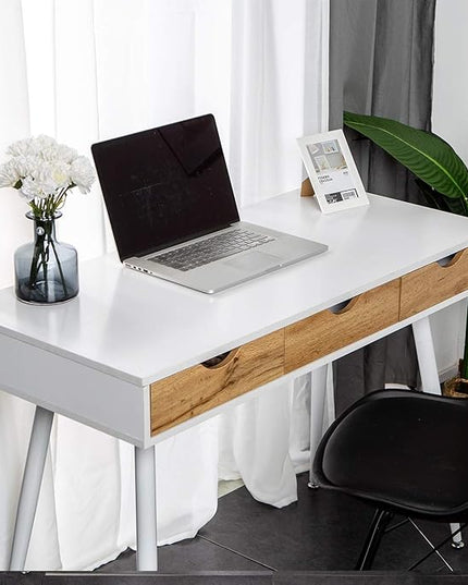 DlandHome Computer Desk with Drawers Mid Century Modern Desk 43 Inches Vanity Desk with 3-Drawers, Office Desk with Drawers Writing Desk Study Table Makeup Tables, Bedroom Dresser Table - LeafyLoom