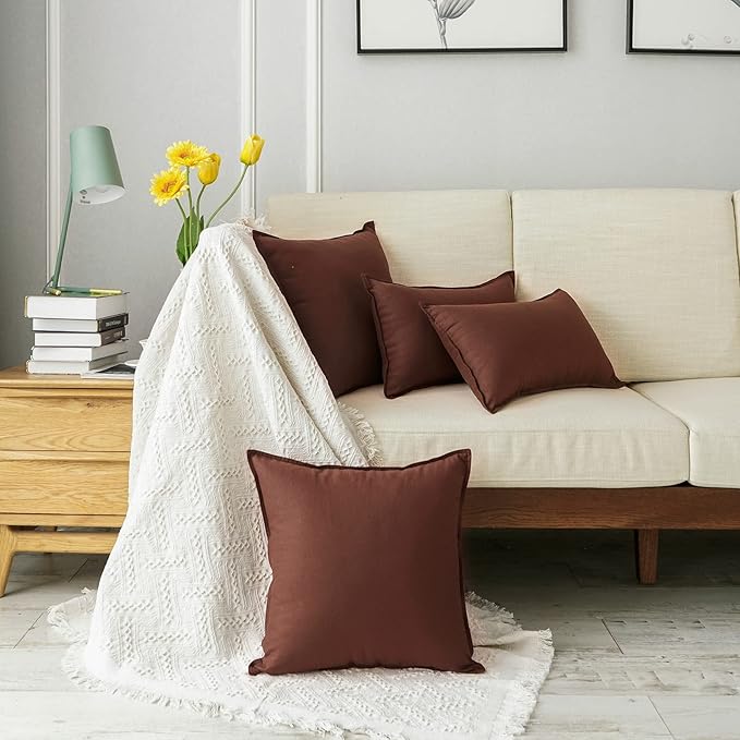 Jeanerlor 18"x18" Solid Cotton Linen Decoration Throw Pillow Case with Zipper Euro Sham Cushion Case Cool Pillow Cover Delicate Decorative Pillowcase for Chair/Bed/Couch,2 Packs, Reddish Brown - LeafyLoom