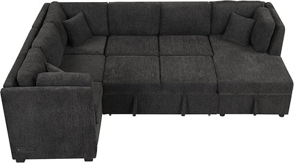 U Shaped Reversible Pull Out Sleeper Sectional Sofa Convertible Corner Couch Bed with Storage Chaise Lounge , 6 Seater Chenille Upholstered Sofa&Couch wth USB Ports, 2 Power Sockets for Living Room - LeafyLoom