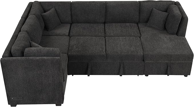 U Shaped Reversible Pull Out Sleeper Sectional Sofa Convertible Corner Couch Bed with Storage Chaise Lounge , 6 Seater Chenille Upholstered Sofa&Couch wth USB Ports, 2 Power Sockets for Living Room - LeafyLoom