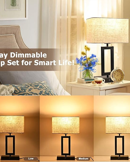 Lamps for Bedroom Set of 2 Touch Control Table Lamps with Dual USB Ports,Bedside Lamp3-Way Dimmable Lamps for Nightstand, Modern Desk Lamps for Living Room Office, LED Bulbs Included, Black&Cream - LeafyLoom
