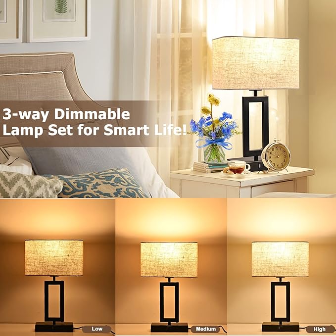 Lamps for Bedroom Set of 2 Touch Control Table Lamps with Dual USB Ports,Bedside Lamp3-Way Dimmable Lamps for Nightstand, Modern Desk Lamps for Living Room Office, LED Bulbs Included, Black&Cream - LeafyLoom