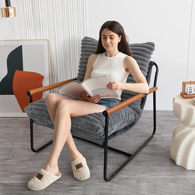 MAXYOYO Accent Chair, Sherpa Arm Chair for Living Room, Mid Century Modern Accent Chairs, Boucle Reading Bedroom Chair, Teddy Armchair, Wooden Arms Metal Frame - LeafyLoom