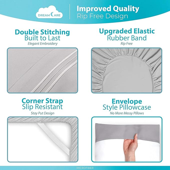 DREAMCARE Twin XL Sheet Sets - Cooling Bed Sheets - 4pcs Set - up to 15" Deep Pocket Twin XL Sheets - XL Twin Sheet Set – Soft & Long Lasting 100% Fine Brushed Polyester with Side Pocket - Light Gray - LeafyLoom