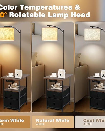 PESRAE Floor Lamp with Table & 2 Drawers, End Table with 3 Color Temperature Reading Light, Side Table Lamp with USB & Type C & AC Charging Port for Living Room, Bedroom - LeafyLoom