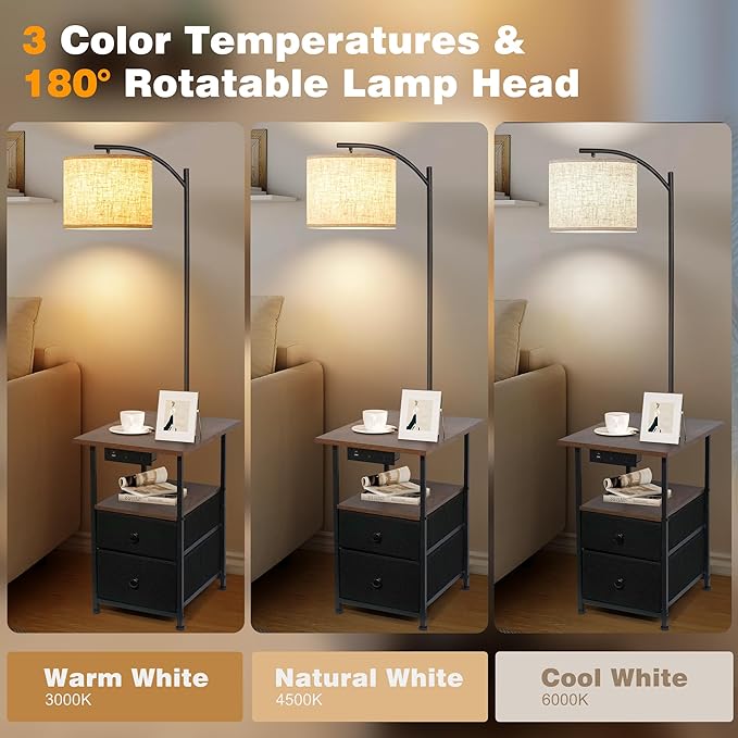 PESRAE Floor Lamp with Table & 2 Drawers, End Table with 3 Color Temperature Reading Light, Side Table Lamp with USB & Type C & AC Charging Port for Living Room, Bedroom - LeafyLoom