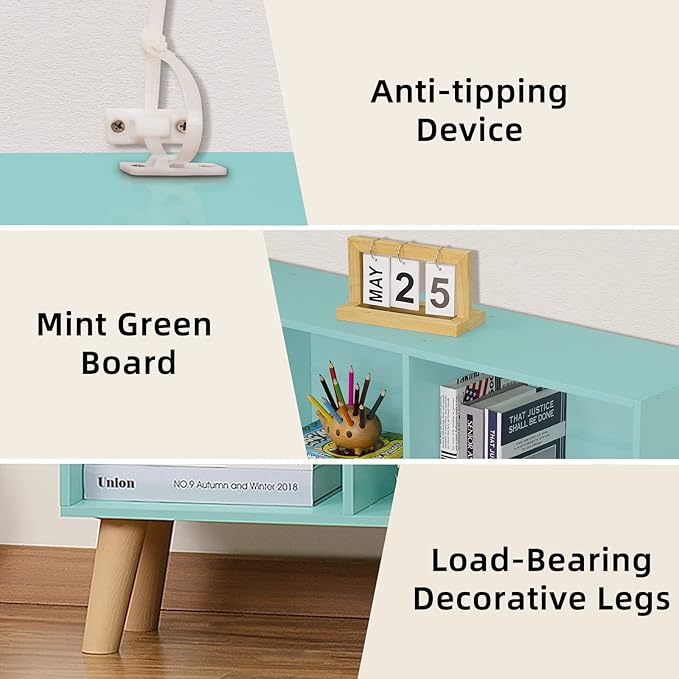 LEYAOYAO 8 Cube Bookshelf 3-Tier Bookcase with Legs, Mint-Green Kids Book Shelf Cute Storage Organizer, Large Open Toy Shelves Modern Bookshelves,Display Bookcases for Bedroom,Living Room,Nursery - LeafyLoom