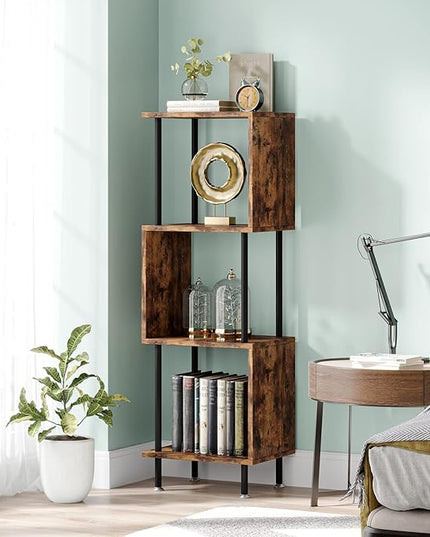 4 Tier Modern Bookshelf, S-Shaped Bookcase,Small Book Shelf for Small Spaces, Unique Bookshelf for Storage Organizer Living Room Bedroom Home Office, Brown - LeafyLoom