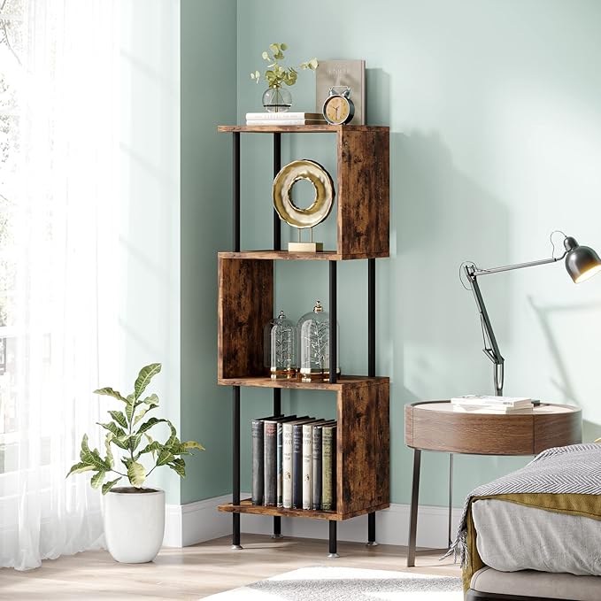 4 Tier Modern Bookshelf, S-Shaped Bookcase,Small Book Shelf for Small Spaces, Unique Bookshelf for Storage Organizer Living Room Bedroom Home Office, Brown - LeafyLoom