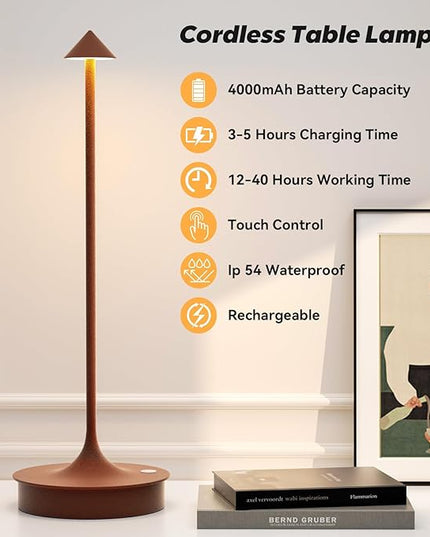 Set of 2 Cordless Table Lamp Rechargeable, Battery Operated Desk Lamp, 4000mAh LED Touch Lamp, Dimmable Portable Outdoor Waterproof Wireless Table Light for Restaurants/Bars/Outdoor(Brown) - LeafyLoom