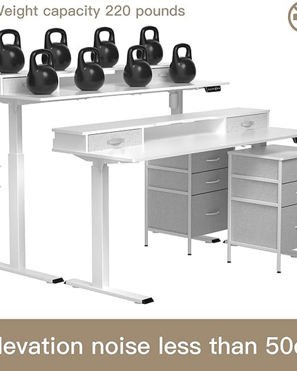 55 Inch Electric Standing Desk with Cabinet & Drawers, Height Adjustable Sit Stand Desk with Monitor Shelf, Smart Home Office Standing Computer Desk, White - LeafyLoom