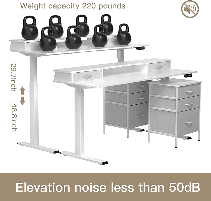 63 Inch Electric Standing Desk with Cabinet & Drawers, Height Adjustable Sit Stand Desk with Monitor Shelf, Smart Home Office Standing Computer Desk, White - LeafyLoom