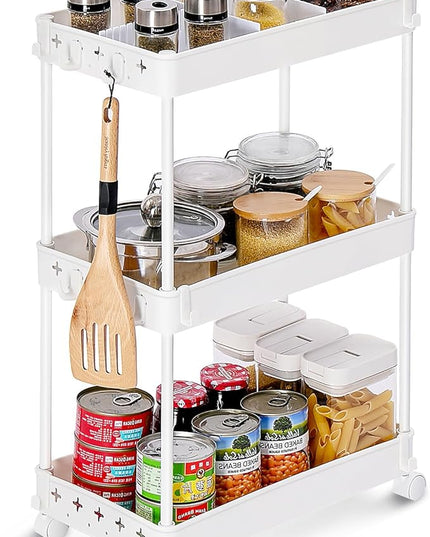 TOOLF Rolling Storage Cart, 3 Tier Utility Cart on Wheels, Bathroom Rolling Cart Organizer with Divider & Hooks, Mobile Shelving Unit Storage Cart for Laundry Kitchen Dorm, White - LeafyLoom
