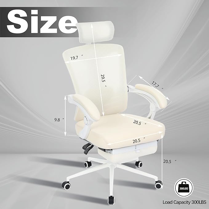 Vonesse Ergonomic Office Chair with Footrest Computer Mesh Office Chair with Footrest Big and Tall Office Chair High Back Comfy Home Office Chair for Heavy People Desk Chair Beige/Cream - LeafyLoom