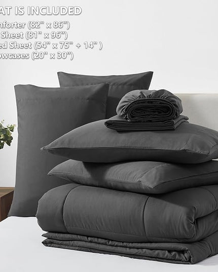 CozyLux Full Size Comforter Sets - 7 Pieces Bed in a Bag Set Dark Grey, Bedding Sets Full with All Season Quilted Comforter, Flat Sheet, Fitted Sheet, Pillowcases, Dark Gray, Full - LeafyLoom