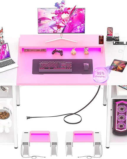 armocity Computer Desk with LED Lights, 48 Inch Desk with Power Outlet and USB, Reversible Large Desk with Moveable Monitor Stand, 48'' Gaming PC Table for Home Office, Workstation, Pink and White - LeafyLoom