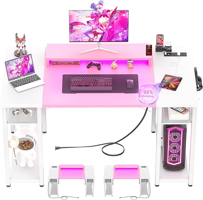 armocity Computer Desk with LED Lights, 48 Inch Desk with Power Outlet and USB, Reversible Large Desk with Moveable Monitor Stand, 48'' Gaming PC Table for Home Office, Workstation, Pink and White - LeafyLoom