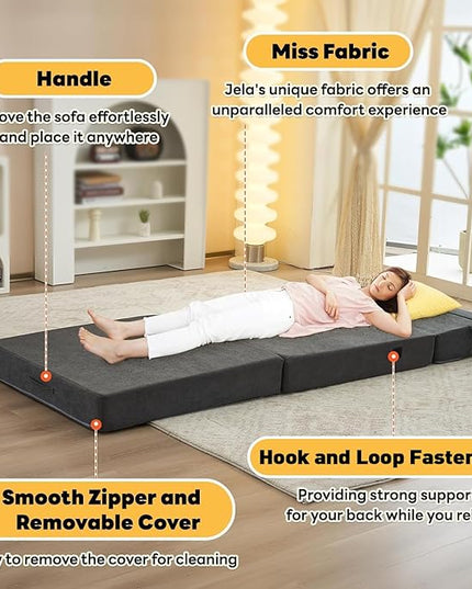 jela Sofa Bed Foldable Mattress Luxury Miss Fabric, Folding Sleeper Sofa Chair Bed Floor Mattress Floor Couch, Fold Out Couch Futon Mattress for Guest Room, Living Room (83"x33",Dark Gray) - LeafyLoom