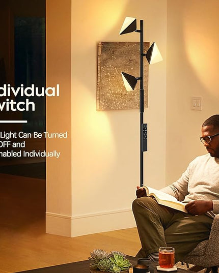 QiMH RGBCW Floor Lamp, 36W Stepless Dimmable LED Tall Standing Lamp with Touch and Remote Control, 4 Color Temperatures, 3 Rotatable Light Tree Floor Lamp for Living Room, Bedroom, Home, Office - LeafyLoom