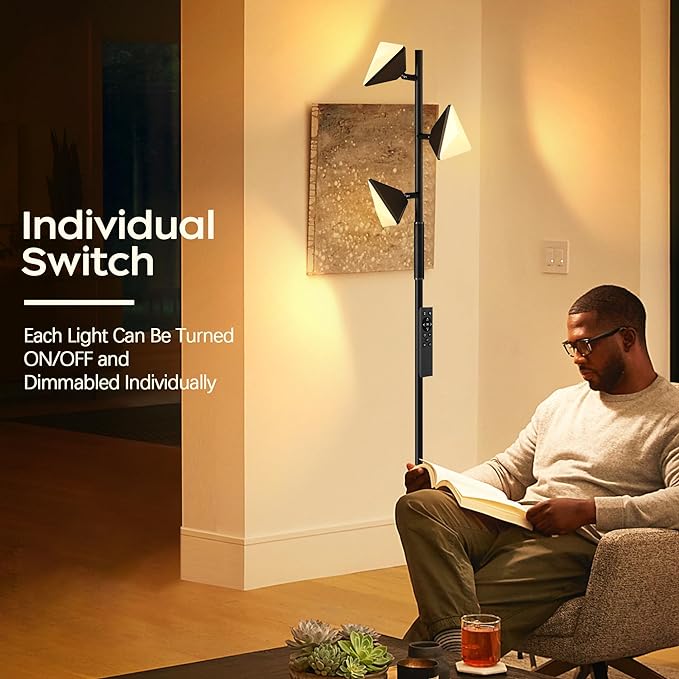 QiMH RGBCW Floor Lamp, 36W Stepless Dimmable LED Tall Standing Lamp with Touch and Remote Control, 4 Color Temperatures, 3 Rotatable Light Tree Floor Lamp for Living Room, Bedroom, Home, Office - LeafyLoom