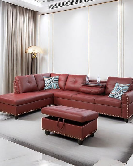 Leather L Shaped Sectional Ottoman Modern Nail-Head Comfy Lounge Modular Sofa with Cup Holder & Chaise for Living Room, Bedroom, Office, L Couch Red - LeafyLoom