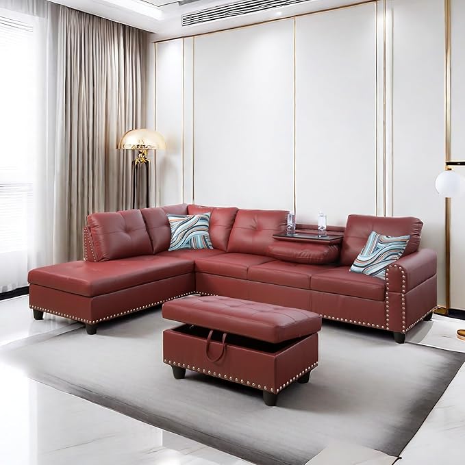 Leather L Shaped Sectional Ottoman Modern Nail-Head Comfy Lounge Modular Sofa with Cup Holder & Chaise for Living Room, Bedroom, Office, L Couch Red - LeafyLoom