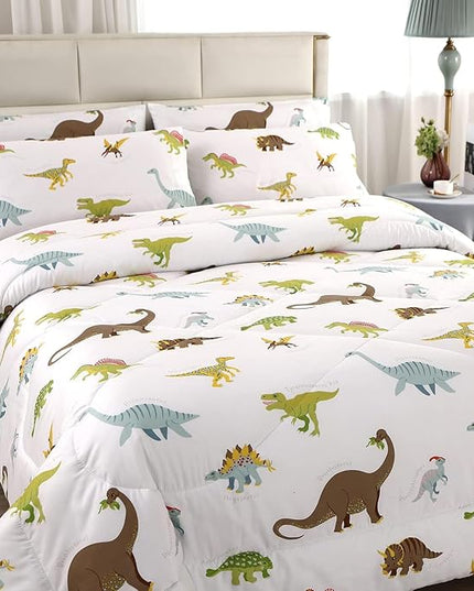 MAG 3Pcs Dinosaur Comforter Set,White Base Full Bedding Comforter Set,for Toddlers Kids,Boys Teens and Girls,Super Soft Microfiber, Full Size (1 Comforter + 2 Pillowcases) - LeafyLoom