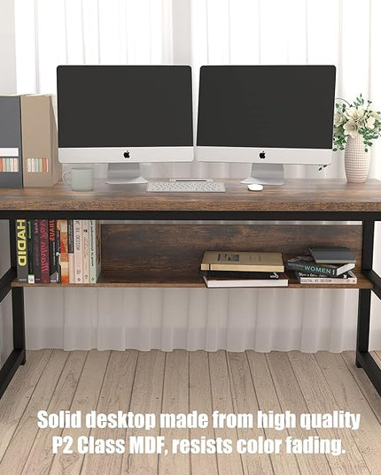 TOPSKY Computer Desk with Bookshelf/Metal Hole Cable Cover 1.18" Thick Desk (55", Rustic Brown) - LeafyLoom