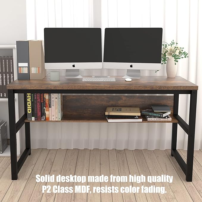 TOPSKY Computer Desk with Bookshelf/Metal Hole Cable Cover 1.18" Thick Desk (55", Rustic Brown) - LeafyLoom