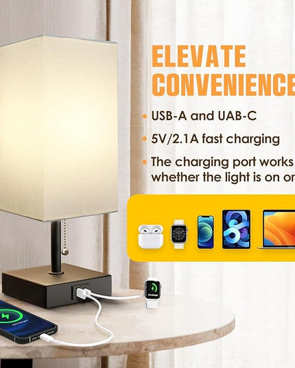 Bedside Table Lamp, Pull Chain for Bedroom with USB-C USB-A Charging Ports, 2700K LED Bulb with Fabric Lampshade, Nightstand Lamp for Living Room Bedroom Office Study Room (White) - LeafyLoom