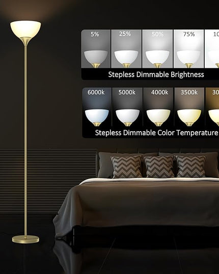 PESRAE Floor Lamp, Remote Control with Stpeless Color Temperatures and Brightness, Torchiere lamp for Bedroom, Living Room, Bulb Included - LeafyLoom