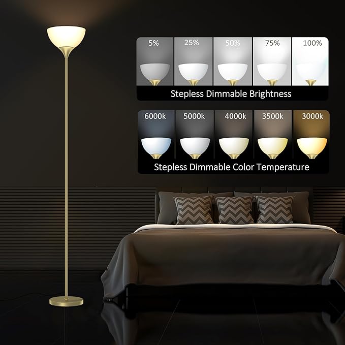 PESRAE Floor Lamp, Remote Control with Stpeless Color Temperatures and Brightness, Torchiere lamp for Bedroom, Living Room, Bulb Included - LeafyLoom