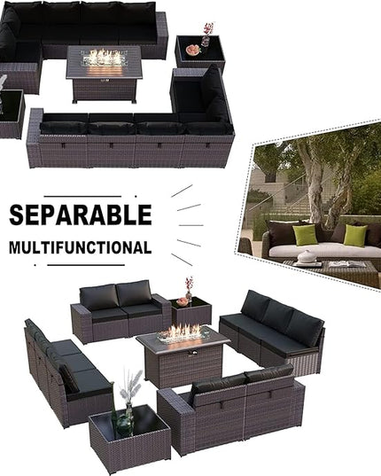 Kullavik 13 Pieces Outdoor Patio Furniture Set with 43" 55000BTU Gas Propane Fire Pit Table PE Wicker Rattan Sectional Sofa Patio Conversation Sets,Black - LeafyLoom
