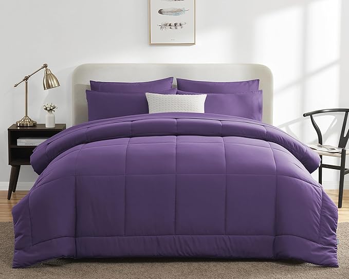 CozyLux Queen Size Comforter Set - 7 Pieces Bed in a Bag Set Purple, Bedding Sets Queen with All Season Quilted Comforter, Flat Sheet, Fitted Sheet, Pillowcases, Purple, Queen - LeafyLoom