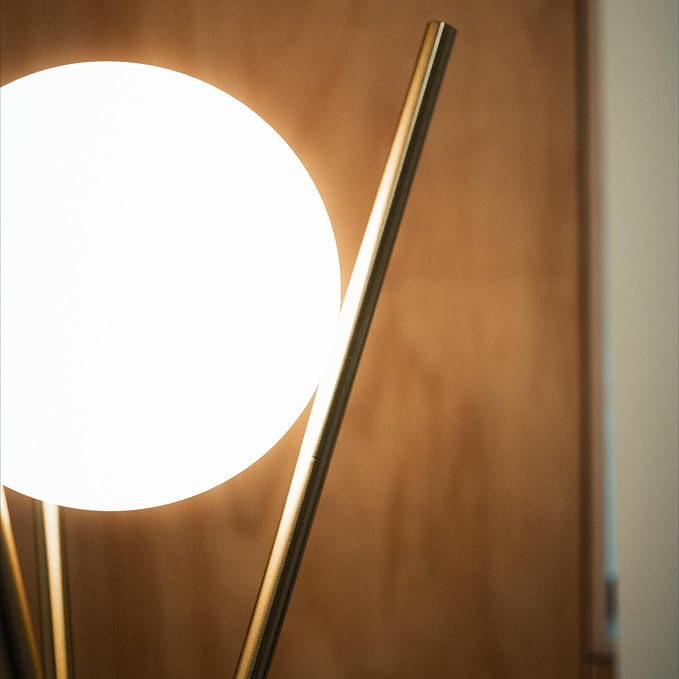 Solstice Glass Globe Floor Lamp - Mid Century Modern Standing Lamp for Living Room, Contemporary Design Standing Dimmable Lamp, Tall Lamp for Bedroom, Living Room, Home Office, Brass Gold - LeafyLoom
