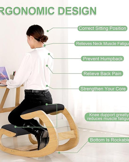 Predawn Ergonomic Kneeling Chair,Rocking Knee Chair Upright Posture Chair for Home Office Meditation Wooden & Linen Cushion-Office Chair for Back Neck Pain Relief & Improving Posture(White Oak-Black) - LeafyLoom
