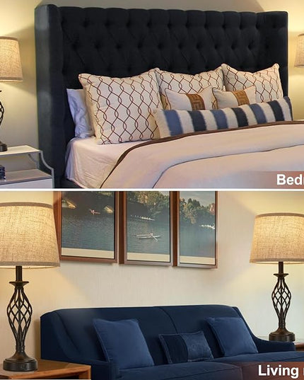 Table Lamp for Bedroom Set of 2 with USB C+A Ports, Modern Bedside Lamps with Spiral Cage Base, Fabric Shade, Nightstand Lamp for Living Room Reading Bed Side End Table, 2 LED Bulbs Included Black - LeafyLoom
