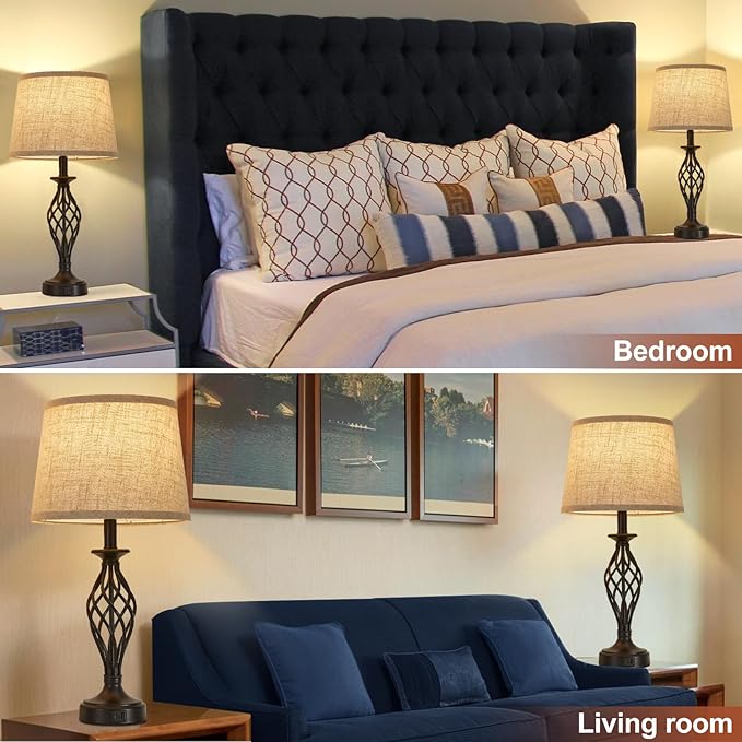 Table Lamp for Bedroom Set of 2 with USB C+A Ports, Modern Bedside Lamps with Spiral Cage Base, Fabric Shade, Nightstand Lamp for Living Room Reading Bed Side End Table, 2 LED Bulbs Included Black - LeafyLoom