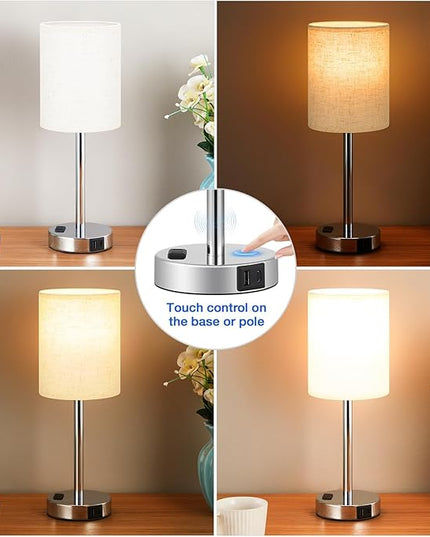 Touch Lamps for Bedrooms Set of 2 Modern - White 3 Way Dimmable Bedside Lamp with USB C and A Ports and Outlets, Nightstand Lamp with Silver Base, Small Table Lamps for Nursery Kids Girl and Boy - LeafyLoom