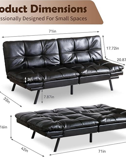 Futon Sofa Bed, Memory Foam Futon Sleeper Sofa Loveseat Convertible Couch Bed for Small Compact Living Spaces,Apartment,Black Leather - LeafyLoom