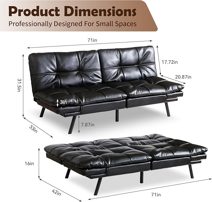 Futon Sofa Bed, Memory Foam Futon Sleeper Sofa Loveseat Convertible Couch Bed for Small Compact Living Spaces,Apartment,Black Leather - LeafyLoom