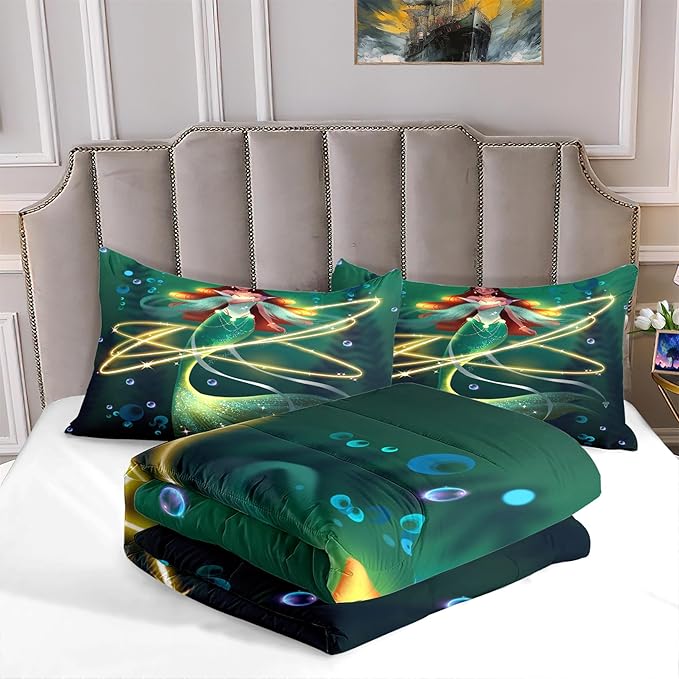 Mermaid Full Size Bedding Set Mermaid Bedding Full Bubble Mermaid Set for Girls Beautiful Mermaid Fairy Tale Bedding Set with 1 Comforter and 2 Pillowcases for Girls Bedroom Decor, Full Size - LeafyLoom