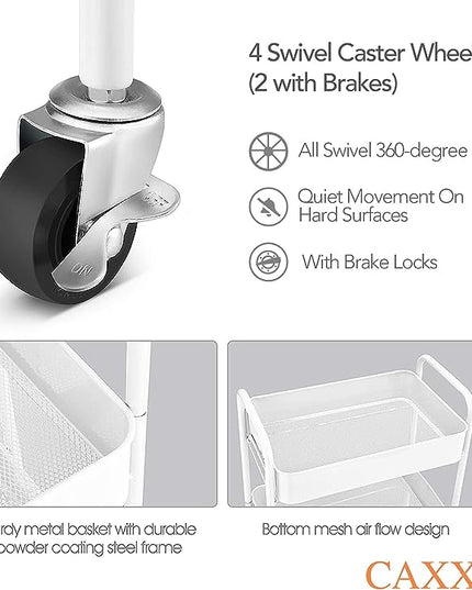 CAXXA 3-Tier Rolling Metal Storage Organizer - Mobile Utility Cart Kitchen Cart with Caster Wheels, White - LeafyLoom
