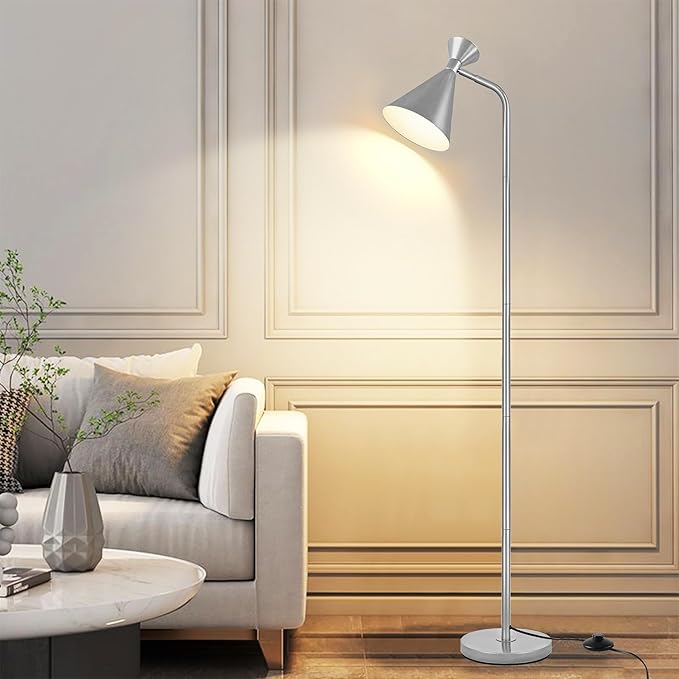 PARTPHONER Floor Lamp for Living Room, Modern Adjustable Metal Heads Standing Lamps, Simple Design Silver Floor Lamp with Foot Switch for Bedroom, Office, Kids Room, Reading, Working(Bulb Not Include) - LeafyLoom
