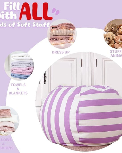 Wekapo Stuffed Animal Storage Bean Bag Chair Cover for Kids | Stuffable Zipper Beanbag for Organizing Children Plush Toys Large Premium Cotton Canvas (Purple, XX-Large) - LeafyLoom