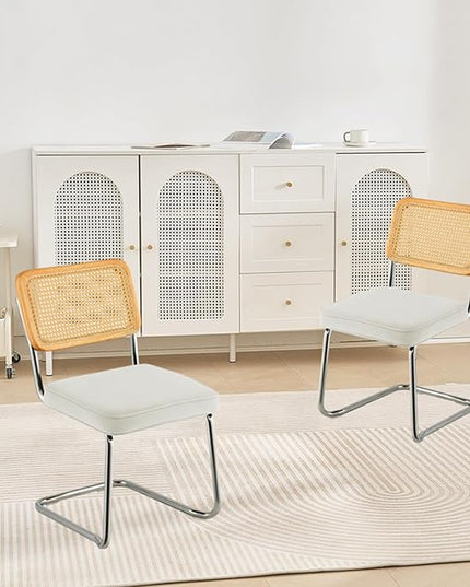 VEVOR Rattan Dining Chairs Set of 2, Mid Century Modern Dining Chair, Upholstered Velvet Accent Chair with Rattan Back, Retro Dining Room Kitchen Chair for Living Room, Bedroom, Office (18.1 Inch) - LeafyLoom