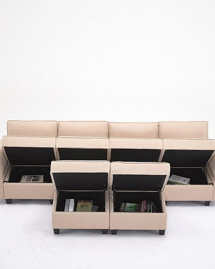 Modern Chenille Fabric U-Shaped 6 Seat Sectional Sleeper Couch with Reversible Chaise Modular Sofa with Storage, Large, Beige - LeafyLoom