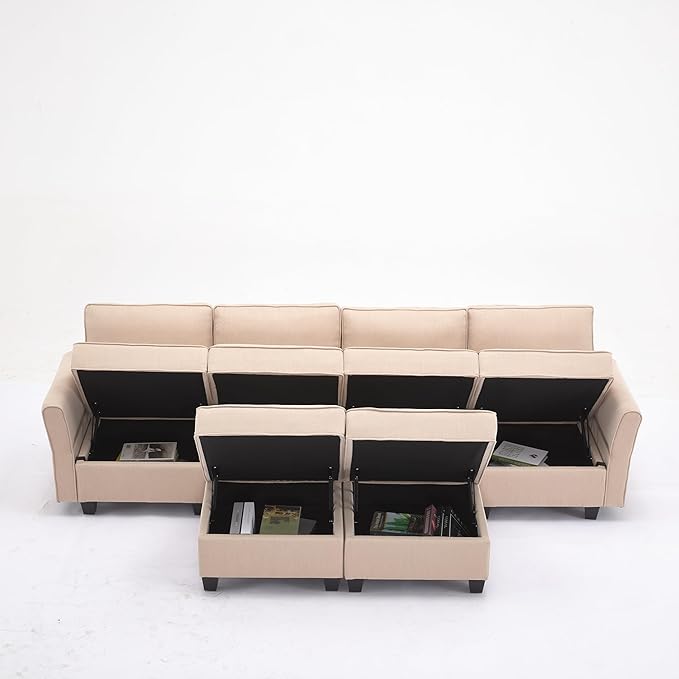 Modern Chenille Fabric U-Shaped 6 Seat Sectional Sleeper Couch with Reversible Chaise Modular Sofa with Storage, Large, Beige - LeafyLoom